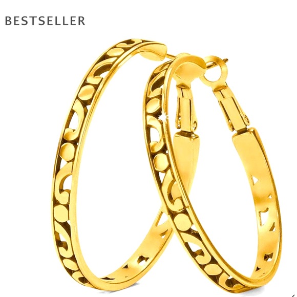 Brighton Jewelry - NWT Brighton Large gold hoop earrings. Artful scrollwork on sides of hoops.